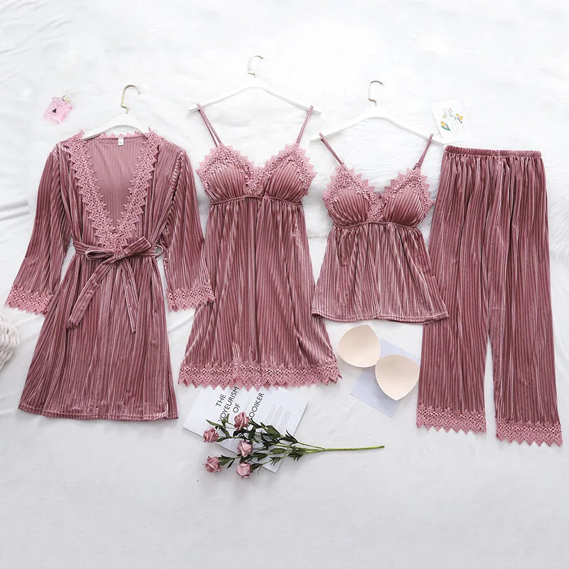Women's Pajama Set 4Pcs Velvet Sleepwear Robe Gowns Nightwear V-Neck Sexy Pijamas Ladies Home Suit Nightgown Bride Bathrobe Gown
