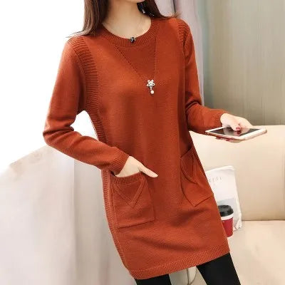 Solid Long Sweater Women Clothing 2025 New Korean Pocket Knit Sweater Dress Casual Warm Loose O neck Long sleeve Ladies Pullover