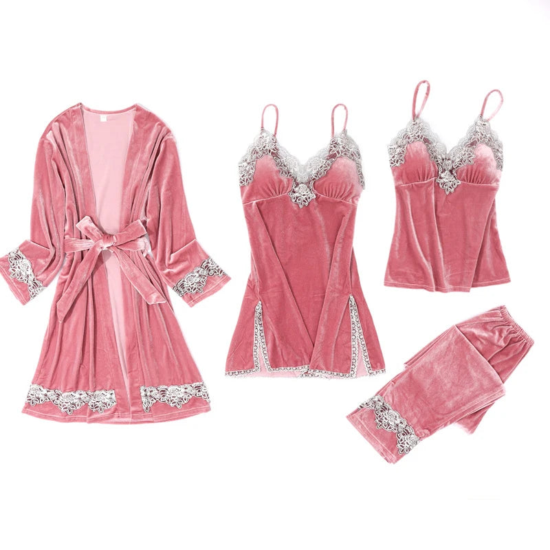 Women's Pajama Set 4Pcs Velvet Sleepwear Robe Gowns Nightwear V-Neck Sexy Pijamas Ladies Home Suit Nightgown Bride Bathrobe Gown