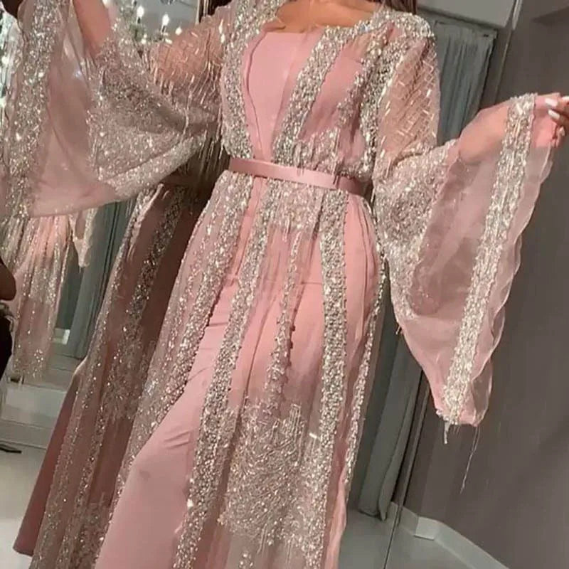 Abaya Dubai Muslim Luxury Dress High Class Embroidery Lace Sequins Ramadan Kaftan Isla African Clothes 2 Piece Set