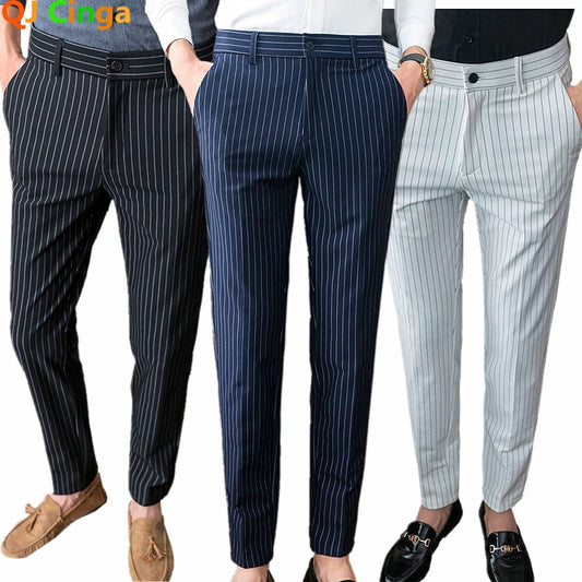 White Vertical Stripes Suit Pants Men, Blue Black Trousers, Fashion Slim Men's Pant Business Pantalones Hombre Autumn New Slacks