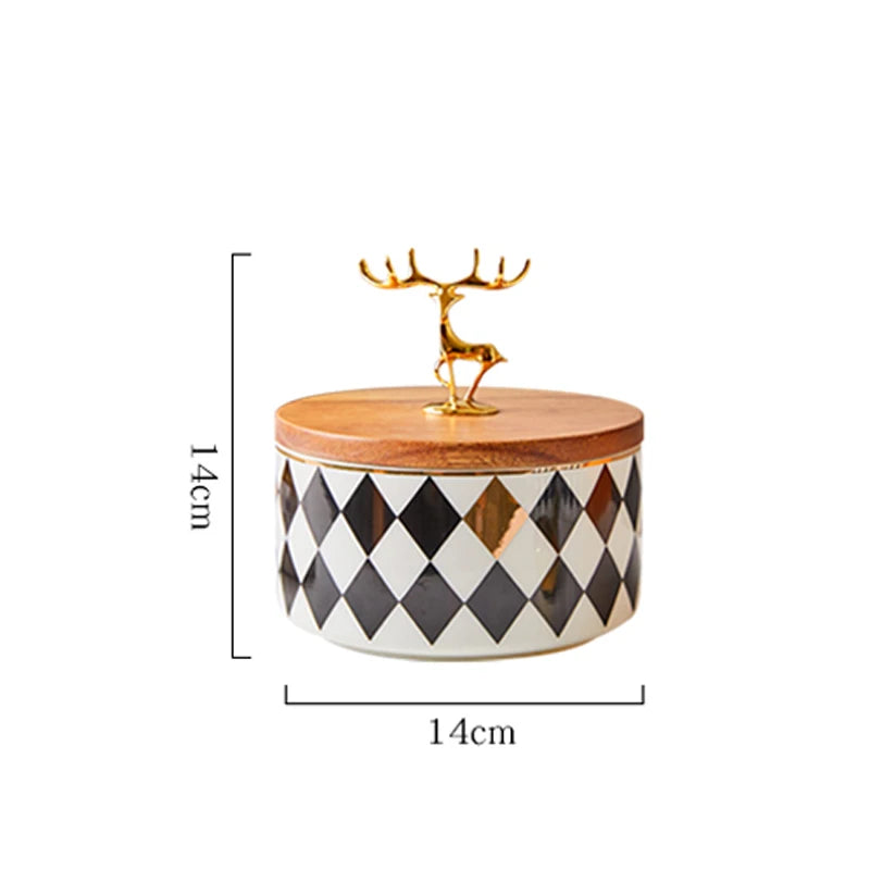 European-style Ceramic Candy Jar Wooden Lid Golden Deer Airtight Jar Light Luxury Household Storage Box Desktop Decorative Jar