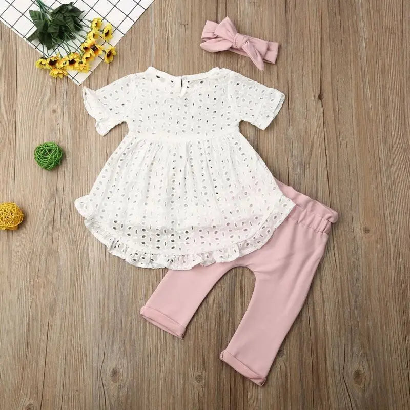 Citgeett Summer 3Pcs Newborn Infant Baby Girl Clothes White Top T-Shirt Dress Bowknote Pants Outfit Set