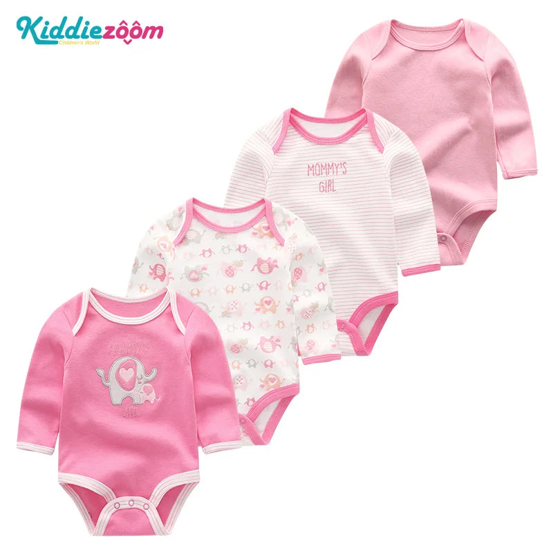 4Pieces Unisex Cotton Baby Girl Clothes New Born Long Sleeve Baby Boy Clothes Sets Print Anmial Bodysuit Solid Color Bebes