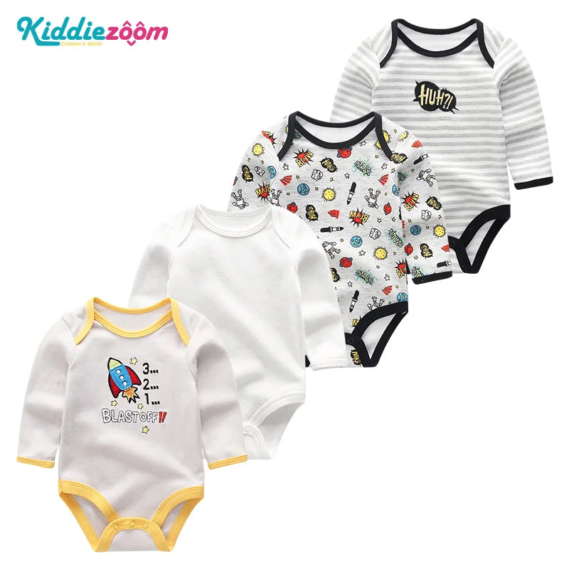 4Pieces Unisex Cotton Baby Girl Clothes New Born Long Sleeve Baby Boy Clothes Sets Print Anmial Bodysuit Solid Color Bebes
