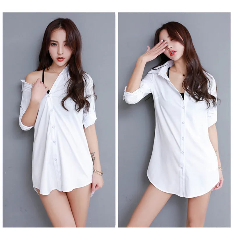 Women's Long Cotton Blend Dress Shirt Loose Boyfriend Style White Pink Spring Full Sleeve Korean Tops Street Fashion