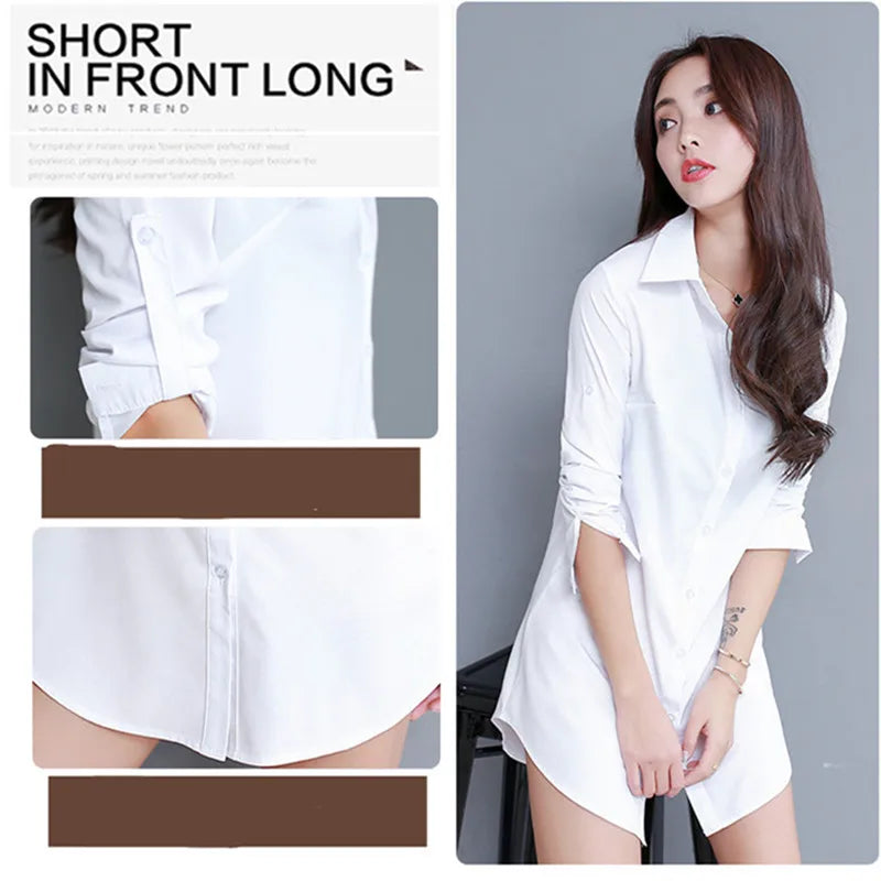 Women's Long Cotton Blend Dress Shirt Loose Boyfriend Style White Pink Spring Full Sleeve Korean Tops Street Fashion