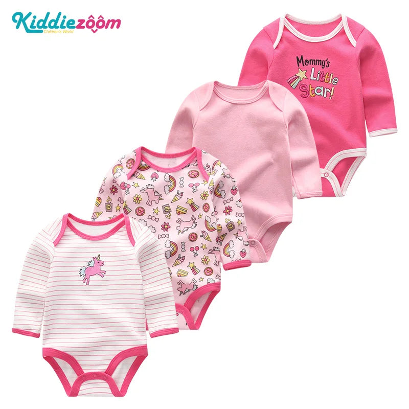 4Pieces Unisex Cotton Baby Girl Clothes New Born Long Sleeve Baby Boy Clothes Sets Print Anmial Bodysuit Solid Color Bebes