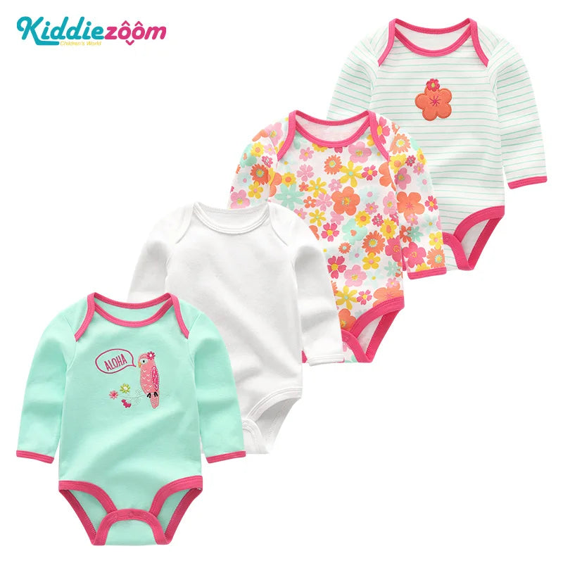 4Pieces Unisex Cotton Baby Girl Clothes New Born Long Sleeve Baby Boy Clothes Sets Print Anmial Bodysuit Solid Color Bebes