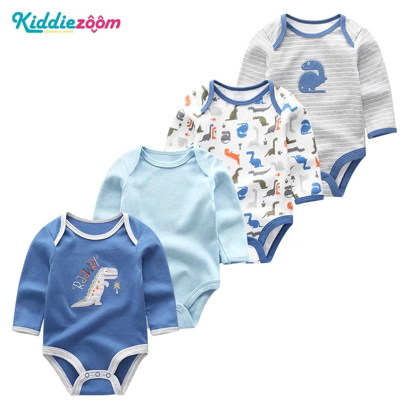 4Pieces Unisex Cotton Baby Girl Clothes New Born Long Sleeve Baby Boy Clothes Sets Print Anmial Bodysuit Solid Color Bebes
