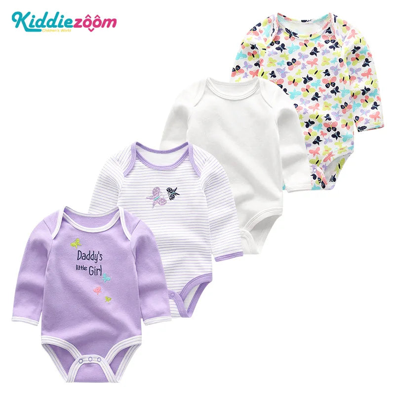 4Pieces Unisex Cotton Baby Girl Clothes New Born Long Sleeve Baby Boy Clothes Sets Print Anmial Bodysuit Solid Color Bebes