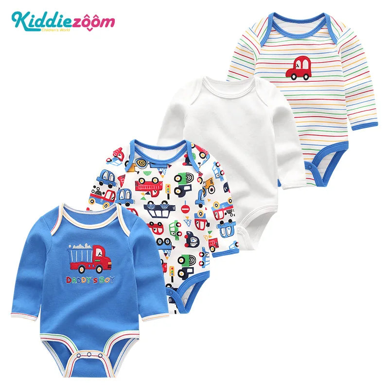 4Pieces Unisex Cotton Baby Girl Clothes New Born Long Sleeve Baby Boy Clothes Sets Print Anmial Bodysuit Solid Color Bebes