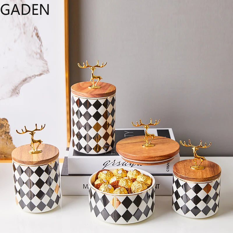 European-style Ceramic Candy Jar Wooden Lid Golden Deer Airtight Jar Light Luxury Household Storage Box Desktop Decorative Jar