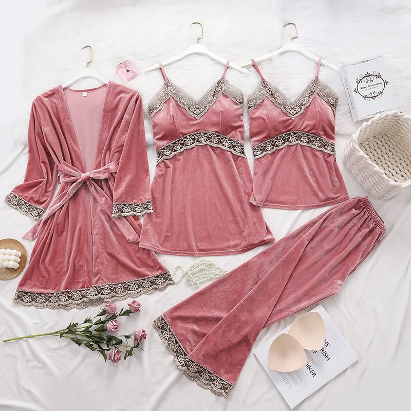 Women's Pajama Set 4Pcs Velvet Sleepwear Robe Gowns Nightwear V-Neck Sexy Pijamas Ladies Home Suit Nightgown Bride Bathrobe Gown
