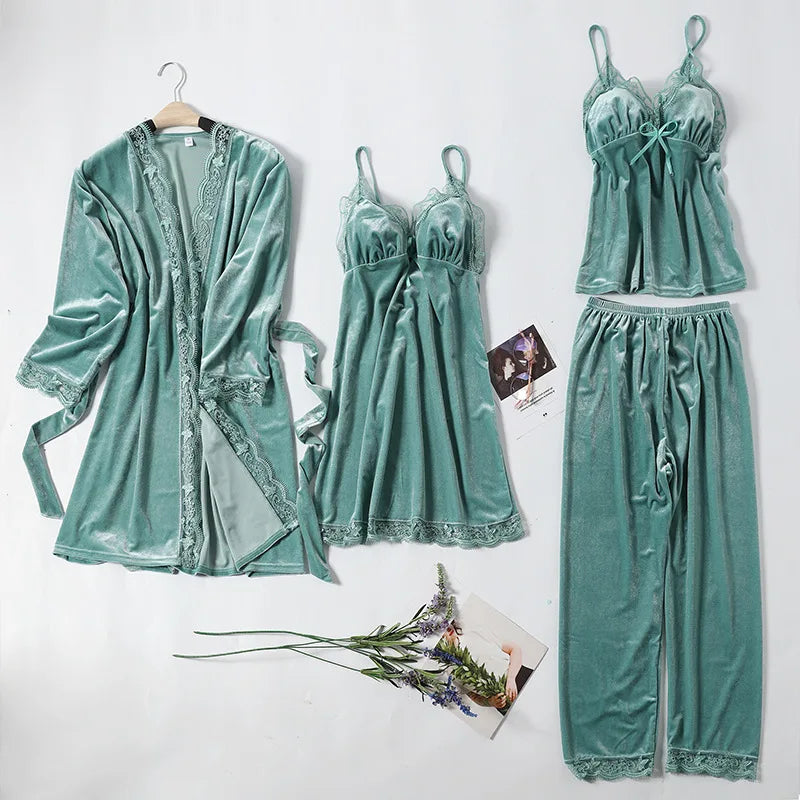Women's Pajama Set 4Pcs Velvet Sleepwear Robe Gowns Nightwear V-Neck Sexy Pijamas Ladies Home Suit Nightgown Bride Bathrobe Gown