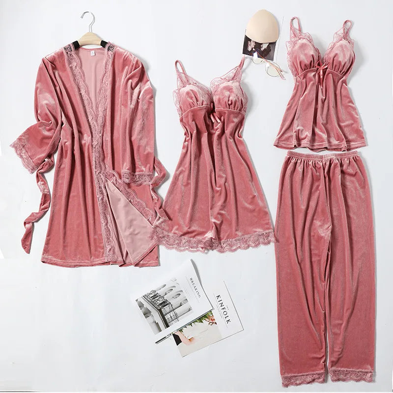 Women's Pajama Set 4Pcs Velvet Sleepwear Robe Gowns Nightwear V-Neck Sexy Pijamas Ladies Home Suit Nightgown Bride Bathrobe Gown