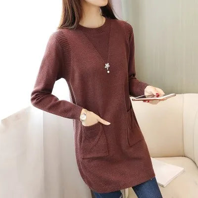 Solid Long Sweater Women Clothing 2025 New Korean Pocket Knit Sweater Dress Casual Warm Loose O neck Long sleeve Ladies Pullover