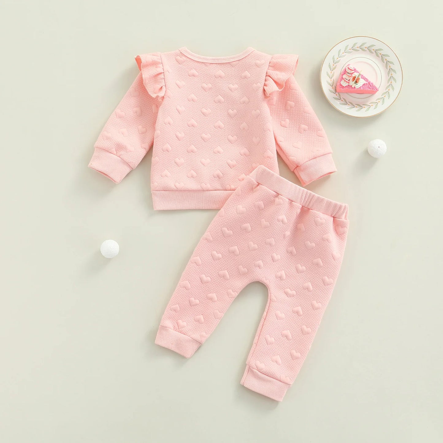 Valentine 2 Pieces Kids Suit Set, Solid Color O-Neck Long Sleeve Ruffle Tops+ Bowknot Trousers for Girls, Pink, 0-24 Months