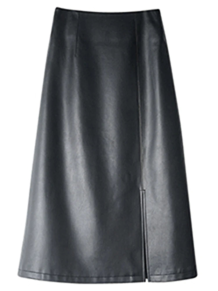 Nerazzurri Midi skirts below knee 2021 Yellow black soft leather skirt women zipper Long straight skirts for women high waist
