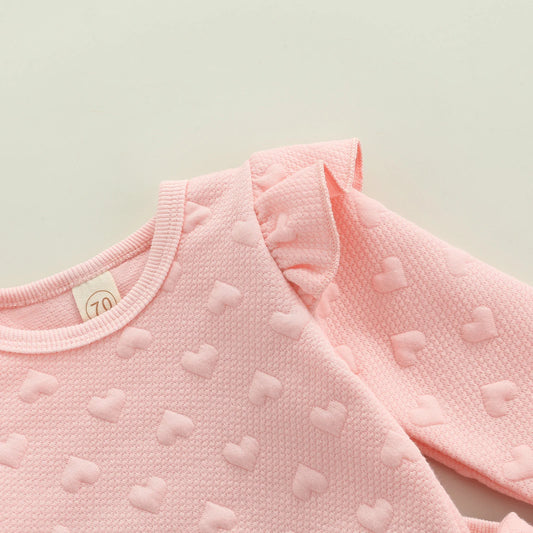 Valentine 2 Pieces Kids Suit Set, Solid Color O-Neck Long Sleeve Ruffle Tops+ Bowknot Trousers for Girls, Pink, 0-24 Months