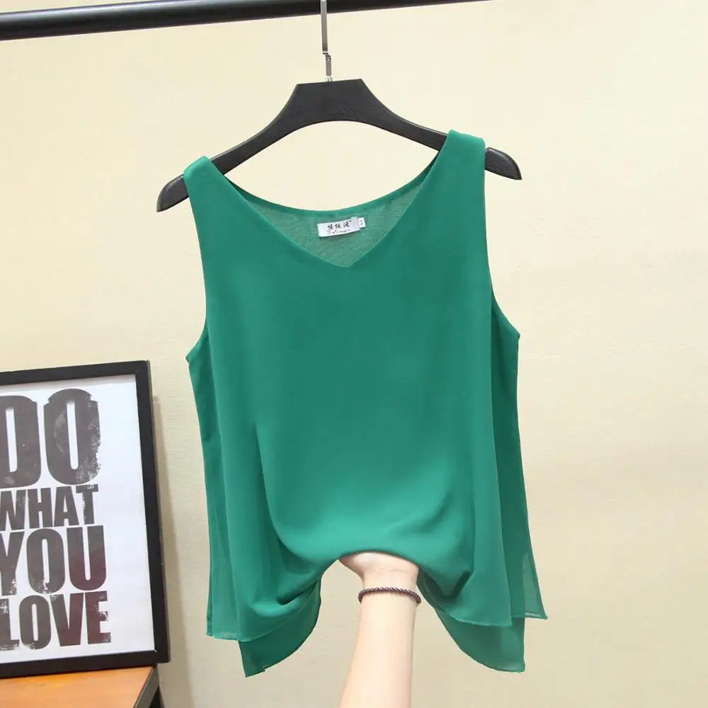 Banerdanni Fashion Brand Women blouse Summer New sleeveless Chiffon Shirt Solid V-neck Casual blouse Loose Oversized Female Tops