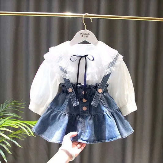 2025 Kids Girls Clothes Set Summer Short Sleeve Shirt + Denim short dress Triple Breasted Outfits Baby Clothing 4 5 6 7 8 9 10 1