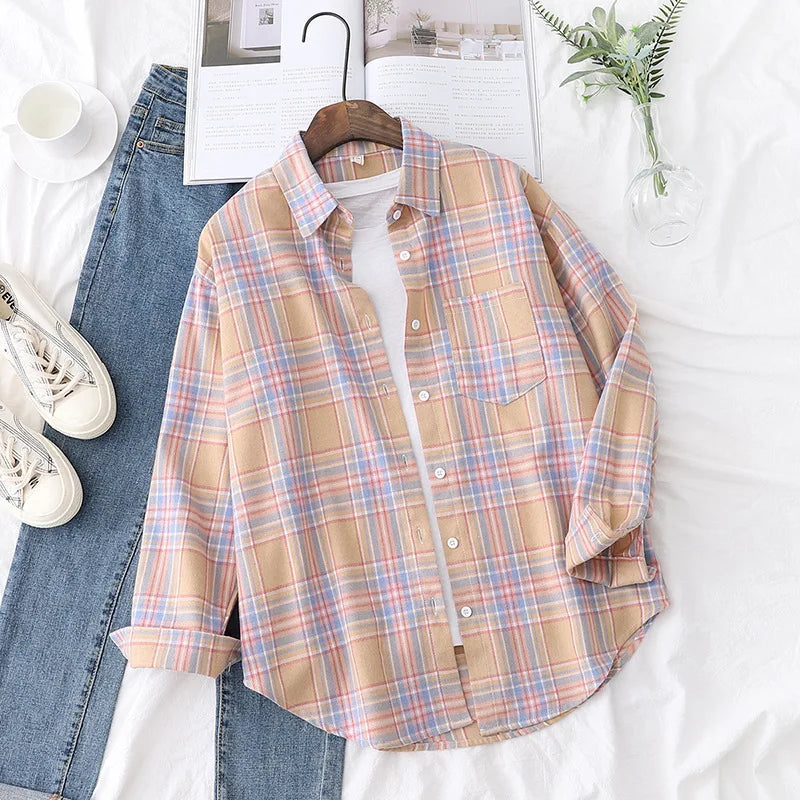 Brand Women's Flannel Plaid Shirts 2025 New Ladies Tops Exquisite Designer Style Loose Blouses Casual Cotton Long Sleeve Blouse