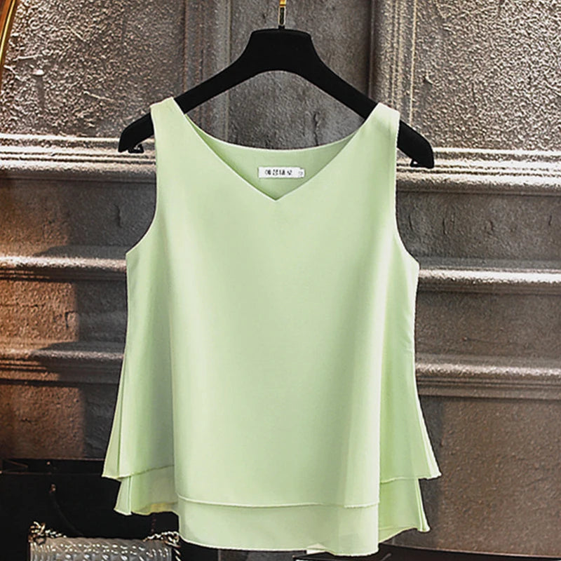 Banerdanni Fashion Brand Women blouse Summer New sleeveless Chiffon Shirt Solid V-neck Casual blouse Loose Oversized Female Tops