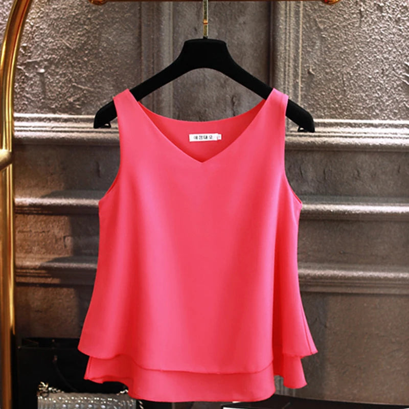 Banerdanni Fashion Brand Women blouse Summer New sleeveless Chiffon Shirt Solid V-neck Casual blouse Loose Oversized Female Tops