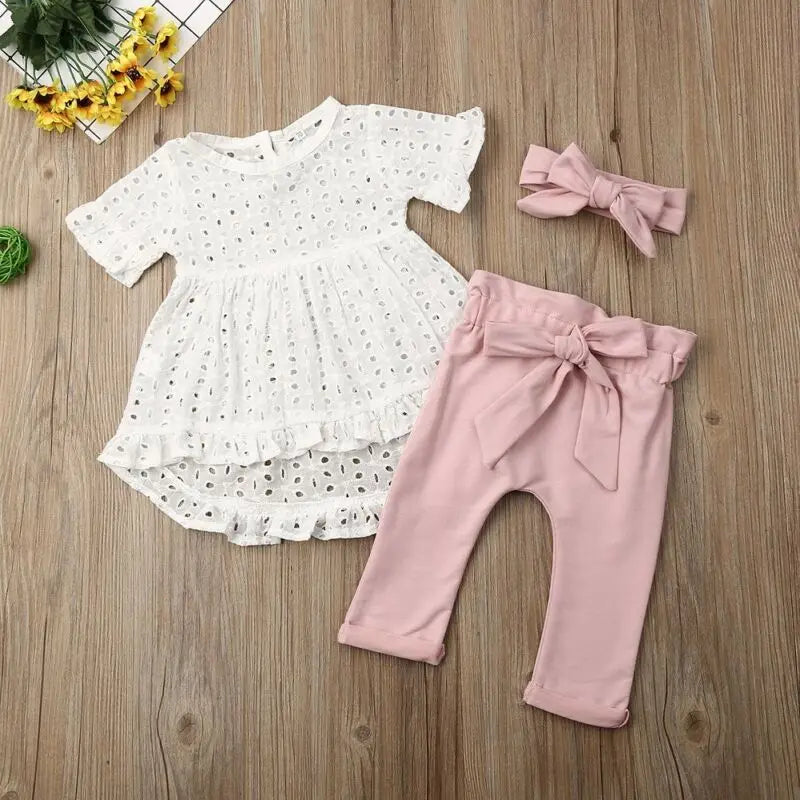Citgeett Summer 3Pcs Newborn Infant Baby Girl Clothes White Top T-Shirt Dress Bowknote Pants Outfit Set