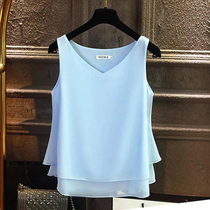 Banerdanni Fashion Brand Women blouse Summer New sleeveless Chiffon Shirt Solid V-neck Casual blouse Loose Oversized Female Tops