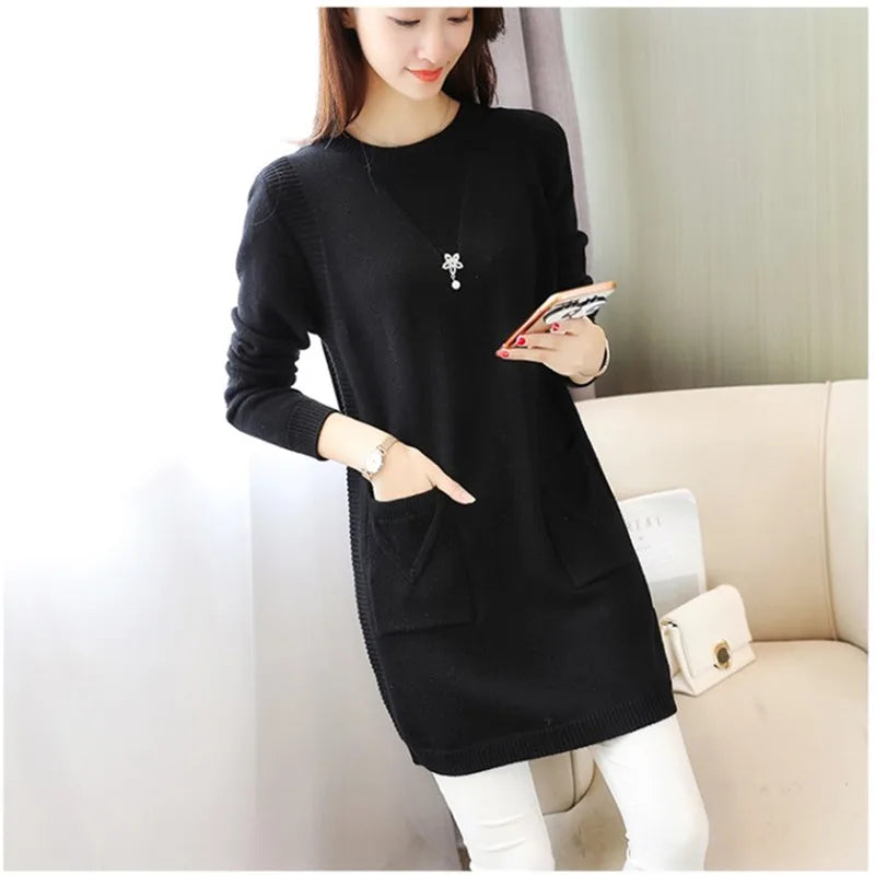 Solid Long Sweater Women Clothing 2025 New Korean Pocket Knit Sweater Dress Casual Warm Loose O neck Long sleeve Ladies Pullover
