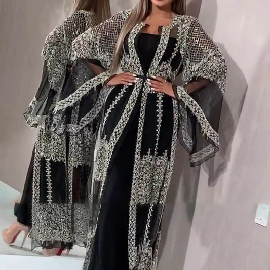 Abaya Dubai Muslim Luxury Dress High Class Embroidery Lace Sequins Ramadan Kaftan Isla African Clothes 2 Piece Set