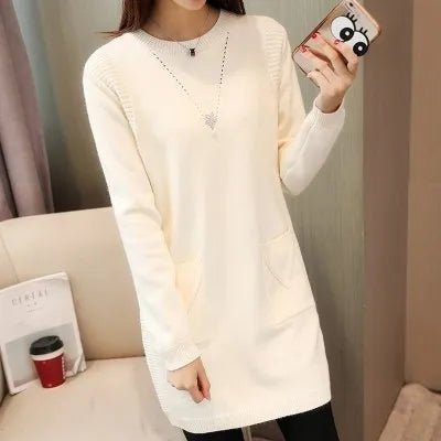 Solid Long Sweater Women Clothing 2025 New Korean Pocket Knit Sweater Dress Casual Warm Loose O neck Long sleeve Ladies Pullover