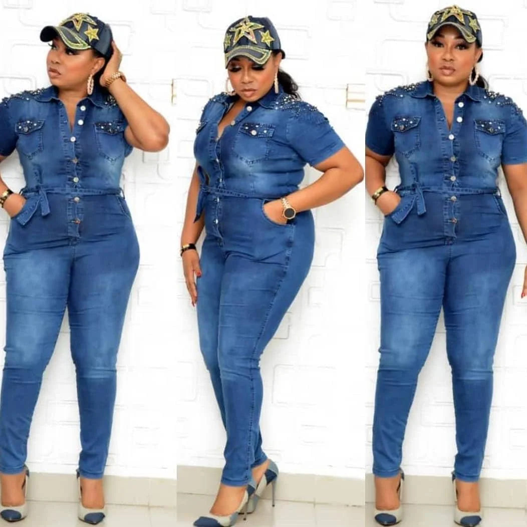 stretch jeans jumpsuit fashionable quality nail bead silver bead decoration