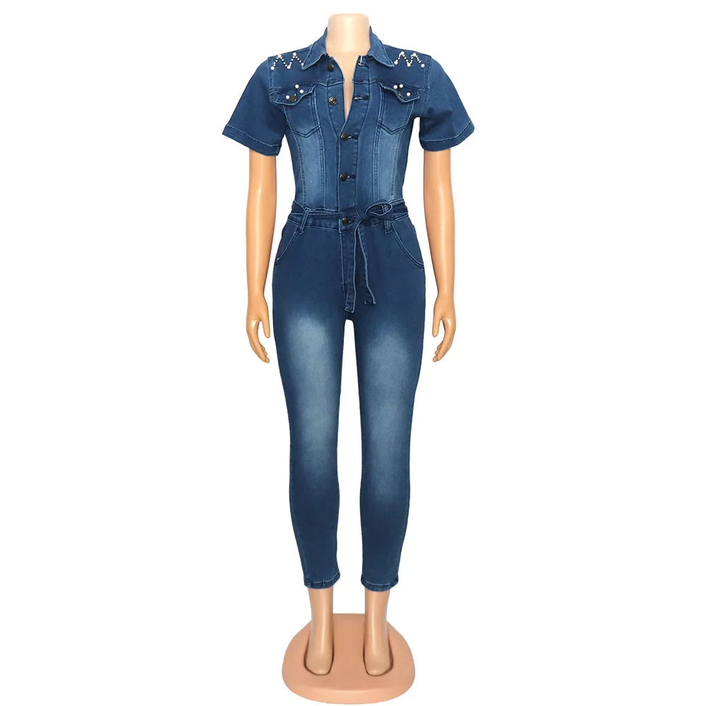 stretch jeans jumpsuit fashionable quality nail bead silver bead decoration