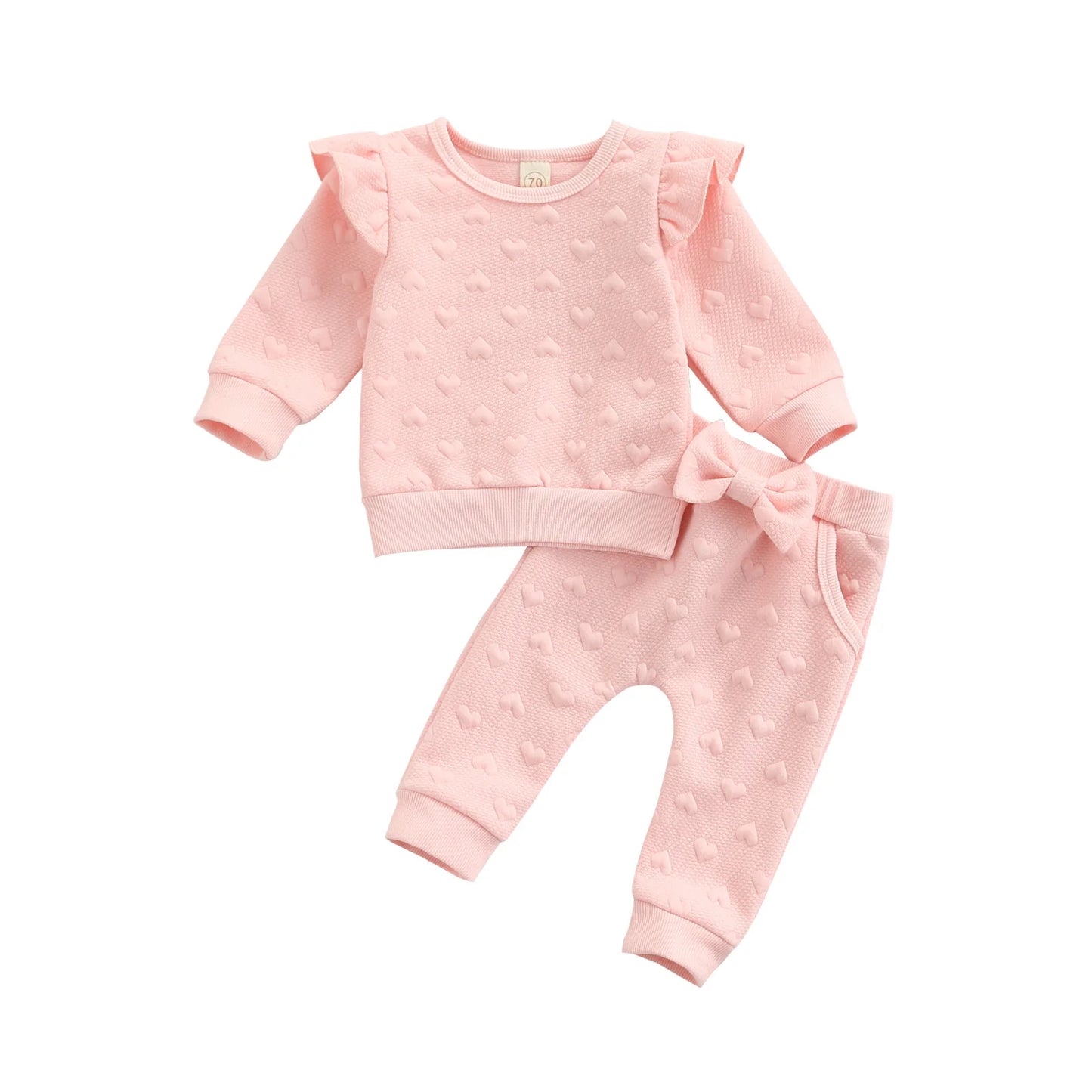 Valentine 2 Pieces Kids Suit Set, Solid Color O-Neck Long Sleeve Ruffle Tops+ Bowknot Trousers for Girls, Pink, 0-24 Months