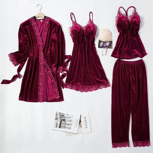 Women's Pajama Set 4Pcs Velvet Sleepwear Robe Gowns Nightwear V-Neck Sexy Pijamas Ladies Home Suit Nightgown Bride Bathrobe Gown
