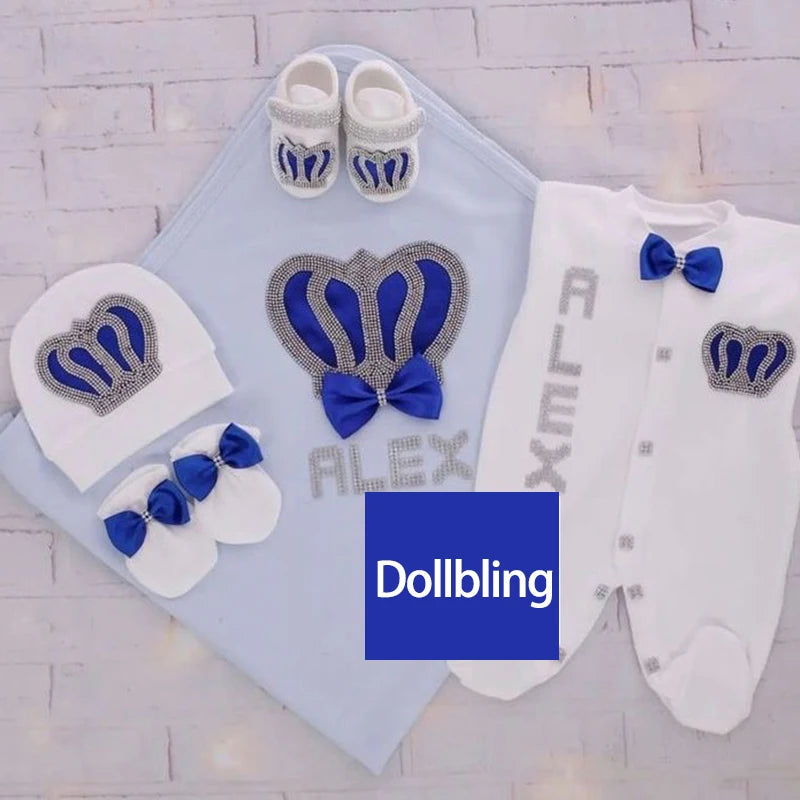 Baby Girl Boy Princess Prince Hospital Exit Newborn Bling Outfits Baby Bottles Gift Set Baby Shower Gift 5pcs Crown Romper