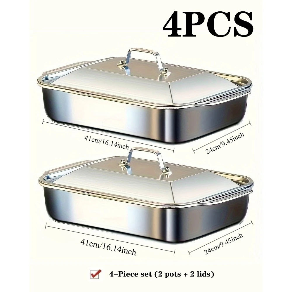 4-Piece Stainless Steel Baking Pan Set with Lids-16''x9'' Deep Dish for Fish/Pasta/Grilling Oven & Dishwasher Safe Cookware 4.2L