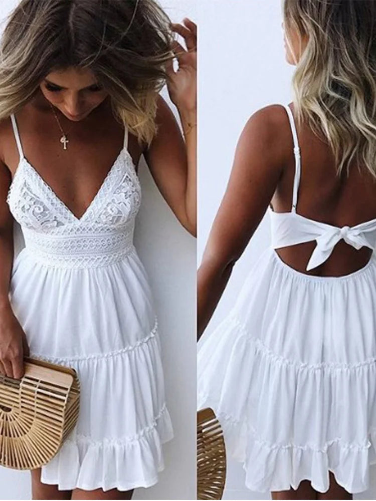 Summer Women Lace Dress Sexy Backless V-neck Beach Dresses 2024 Fashion Sleeveless Spaghetti Strap White Casual Mini Sundress