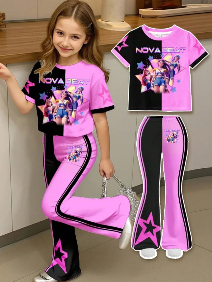 Girl Nova Beat Cartoon Idol Print 2-piece Set Pink Black Color Blocked T-shirt Bell Bottom Pants Children's Casual Sportswear