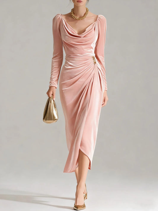 2025 European and American Women's Casual Gold Velvet Sexy New Long-Sleeve Slim Pleated Long Split Bodycon Dress