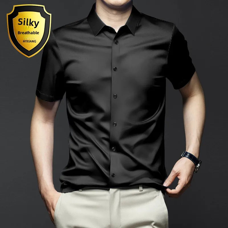 Business Casual Men's Long Sleeve Shirt Anti-Wrinkle Iron-Free Premium Ice Silk Black Slim Fit Polyester Fiber Square Collar