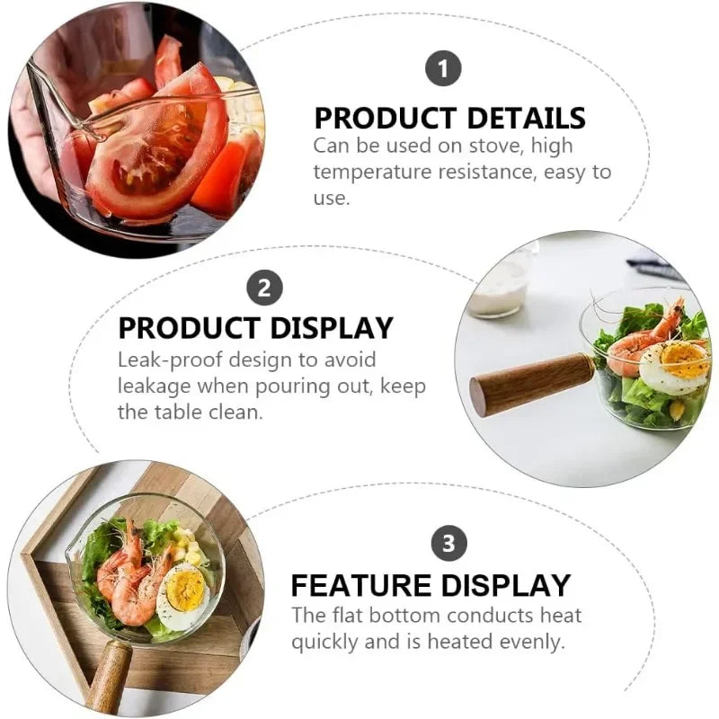 400/600ml Glass Wood Handle Practical Cute Milk Pot Soup Pan Glass Wooden Handle Pot Stable Single Handle Pots Cooking Pot Tools