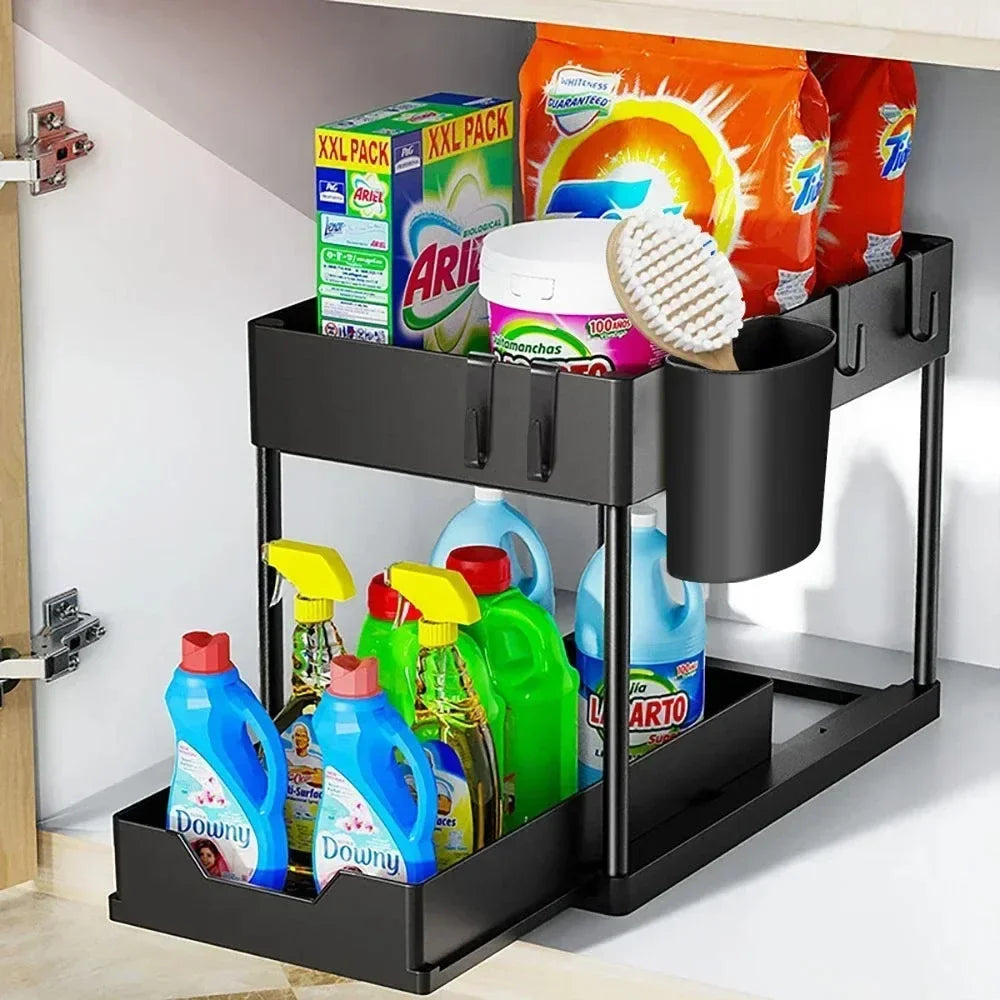 2 Tier Under Sink Sliding Cabinet Basket Organizer Storage Rack with Hooks Hanging Cup Bathroom Multifunctional Storage Rack