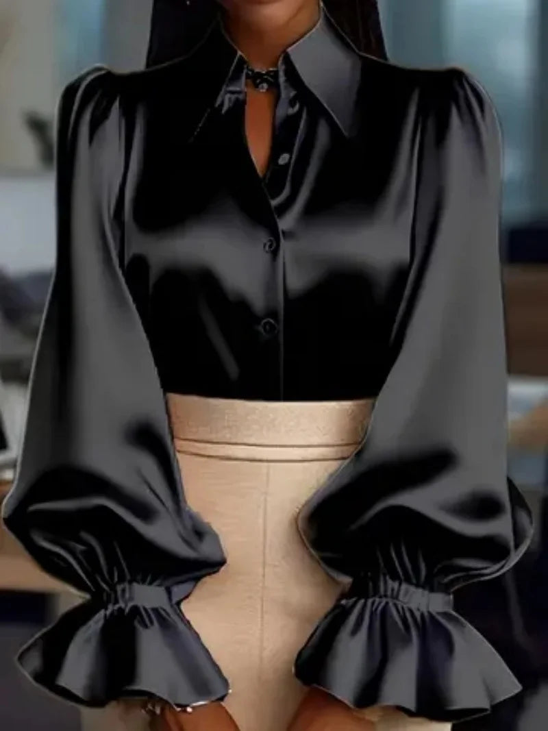 Elegant Satin Blouse with Ruffled Cuff Sleeves and Button-Down Collar - Chic Office & Casual Wear Top