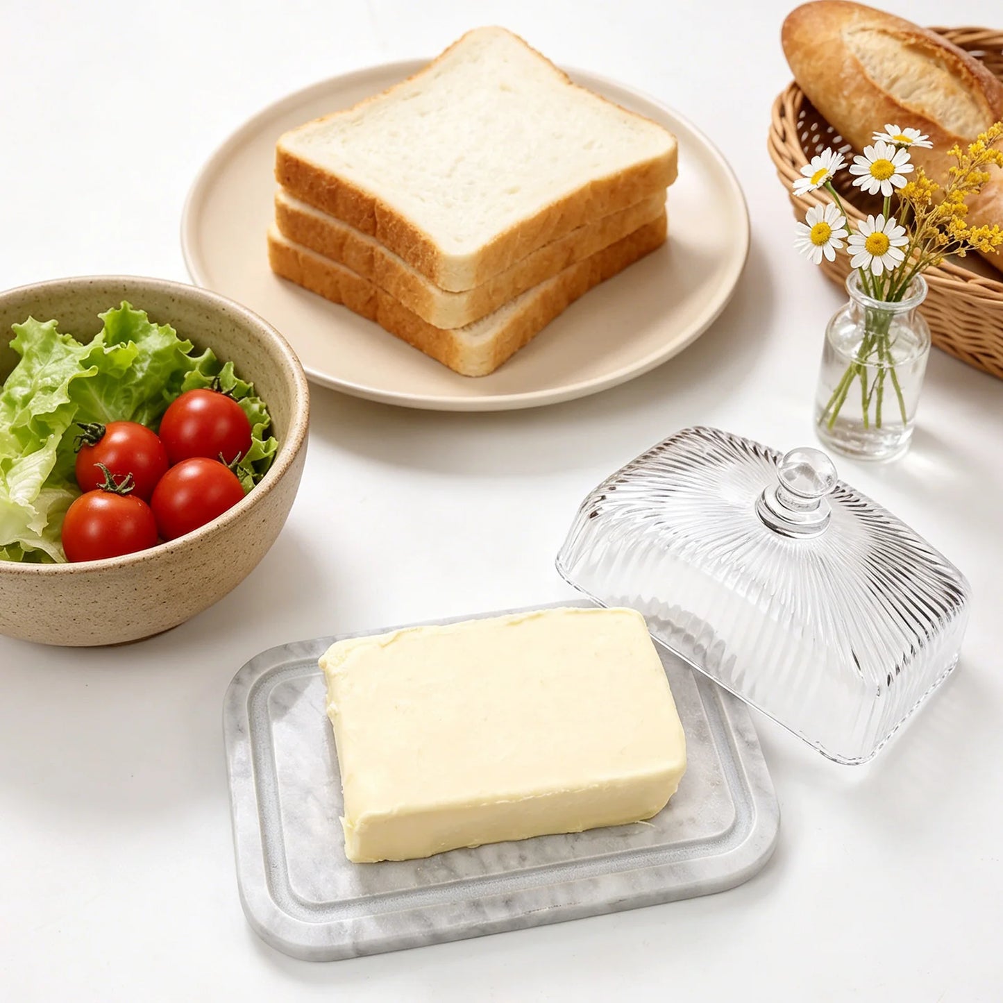 Marble Base Glass Dome Butter Dish with Lid Cheese Bread Cup Cake Fruit Serving Tray Restaurant Quality Food Storage Container