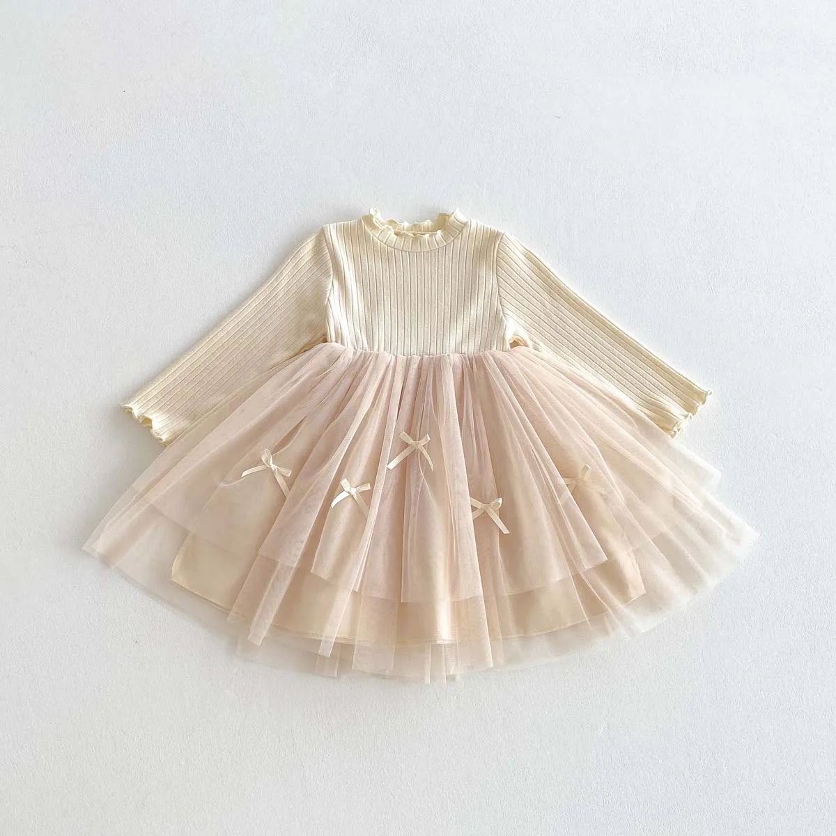 Autumn and Winter Fashion Toddler Girls Long Sleeve Mesh dress Pit Strip Ear Edge Bow Mesh Autumn and Winter dress Princess Gift