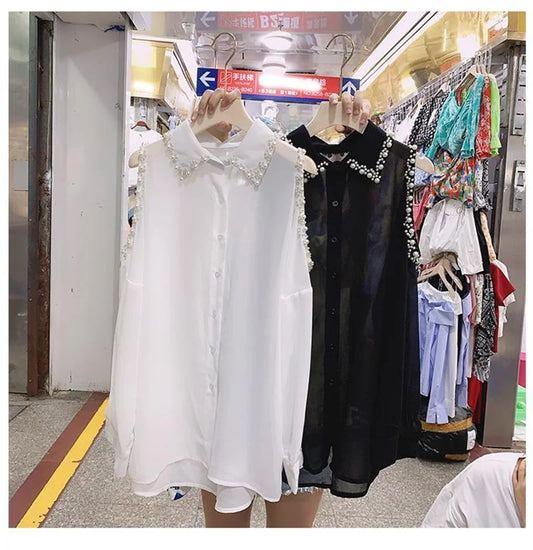 Fashion Women Clothing Thin Pearl Tops Chiffon Loose Off Shoulder Blouse 2025 Spring Summer Lapel Hollow Out Solid Sexy Shirt To